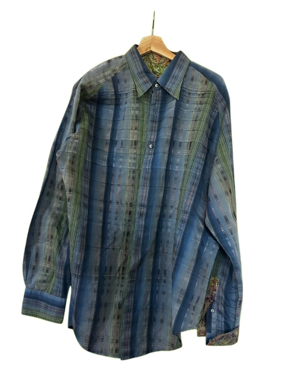 Robert Graham 2XL Blue Green Stripe Pleated Front Flip Cuff Shirt